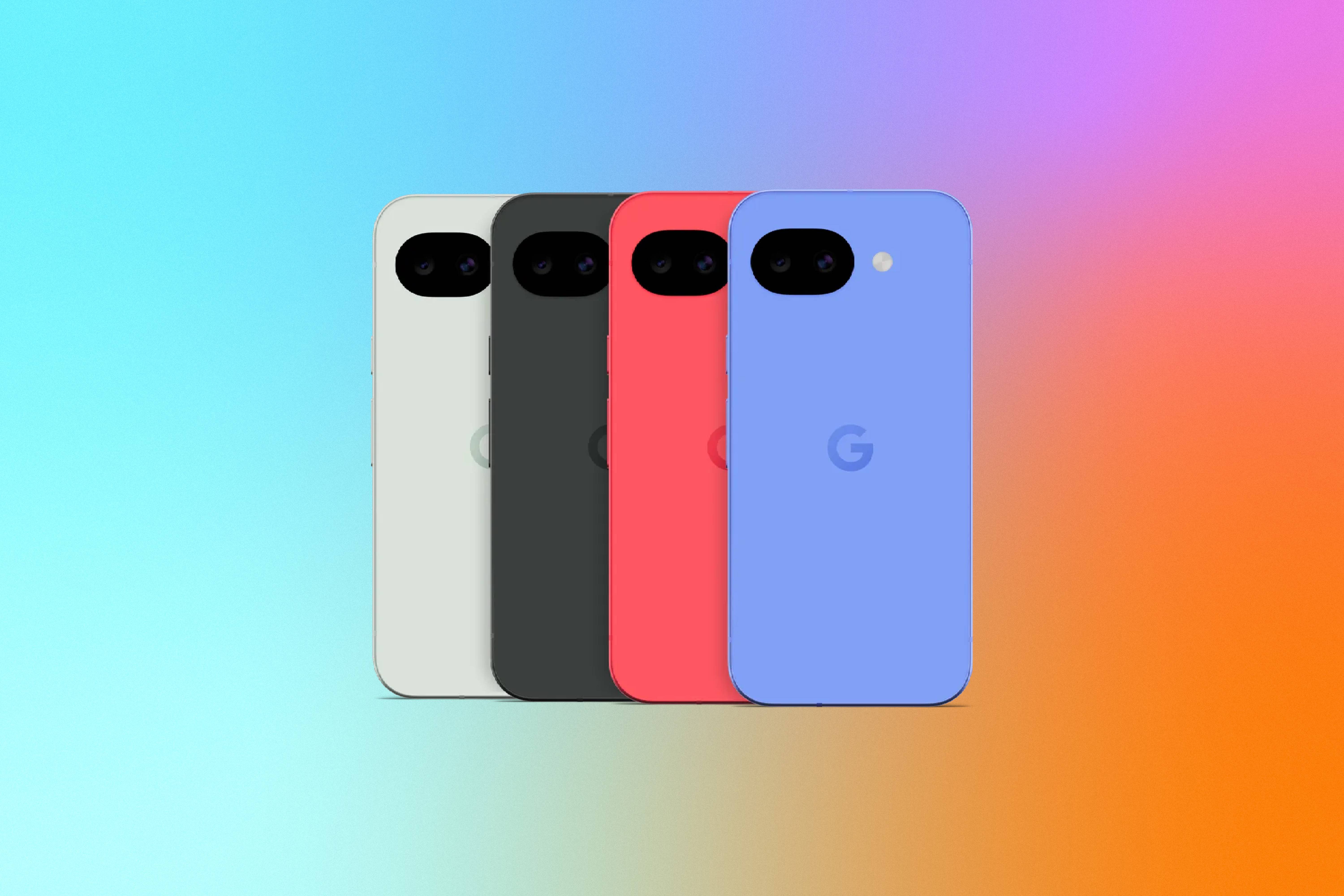 The Pixel 10A phone in four different colors against a blue, purple and orange gradient CNET background.