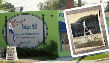 A lime green building with a sign for "Our Old Stuff Antique Mall" at 1005 Ridgewood Avenue, featuring an inset vintage photograph of three people water skiing.
