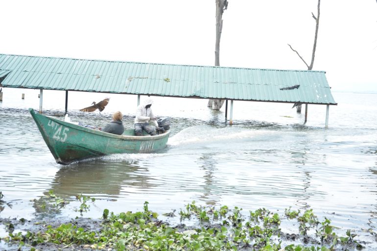Kamere landing beach has been flooded by rising water levels in Lake Naivasha, Kenya [Hafsa Abdiwahab Sheikh/Al Jazeera]