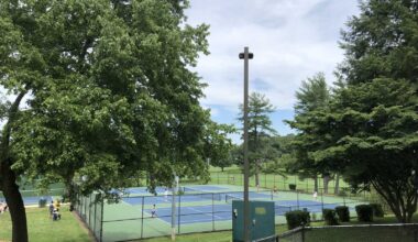 Outdoor park scene with blue tennis courts, players, and a chain-link fence framed by large green trees under a partly cloudy sky