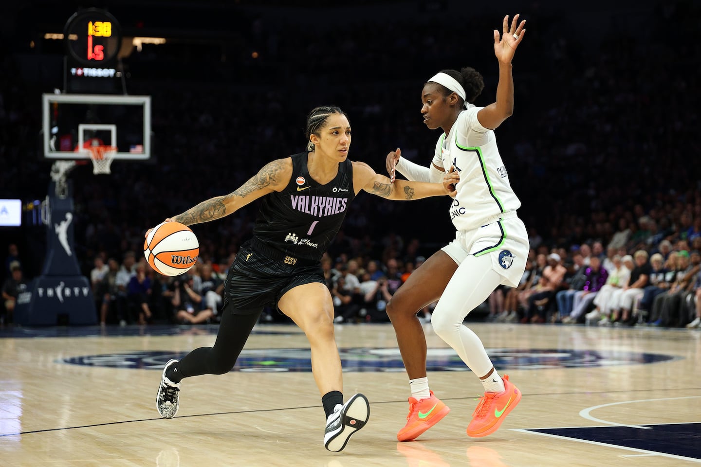 Gabby Williams (left) scored 15 points for the Valkyries in Monday's win over the Lynx.