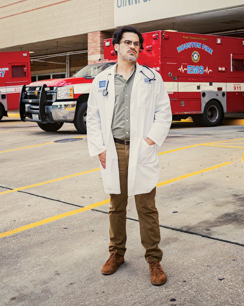 Dr. Ricardo Nulia in the ambulance bay outside Ben Taub Hospital, in Houston, on April 23, 2026.