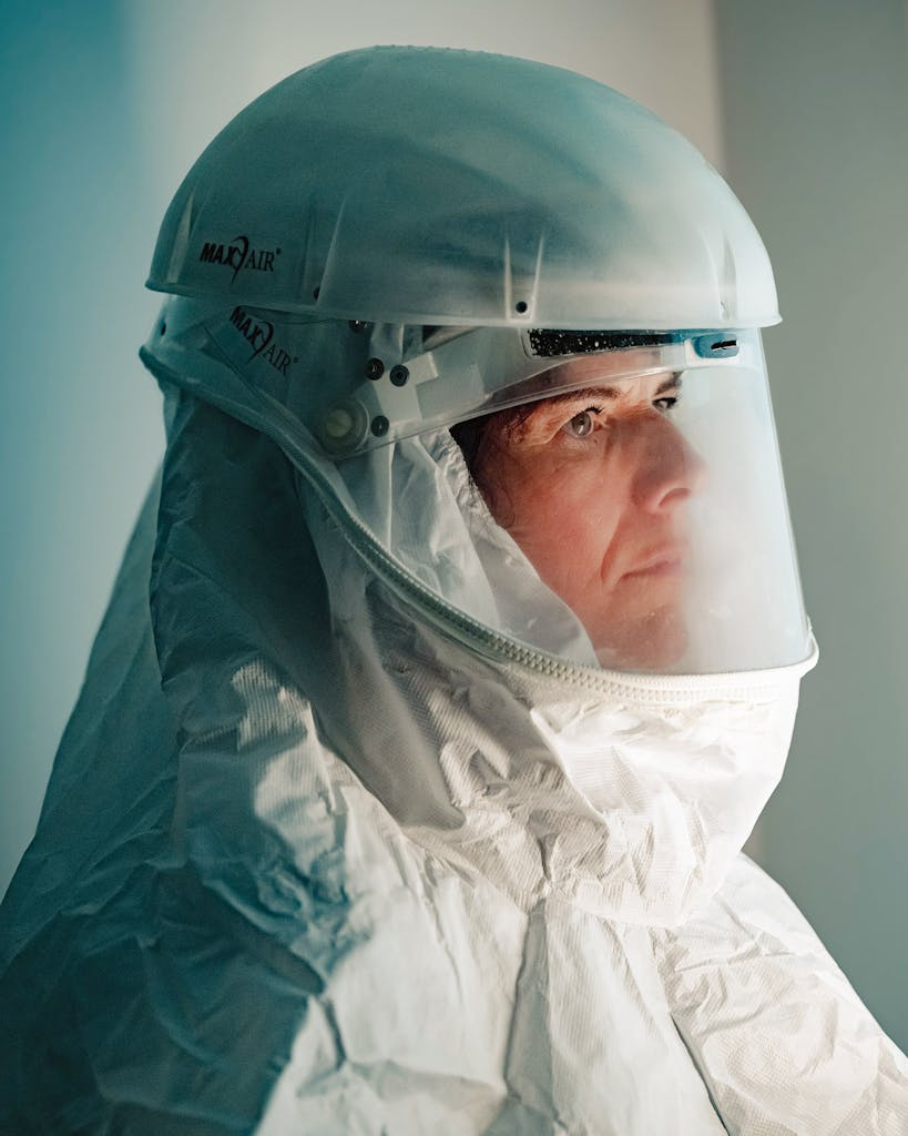 Texas A&M University epidemiologist Rebecca Fischer wearing the sort of protective gear she dons for fieldwork in areas with biohazards.