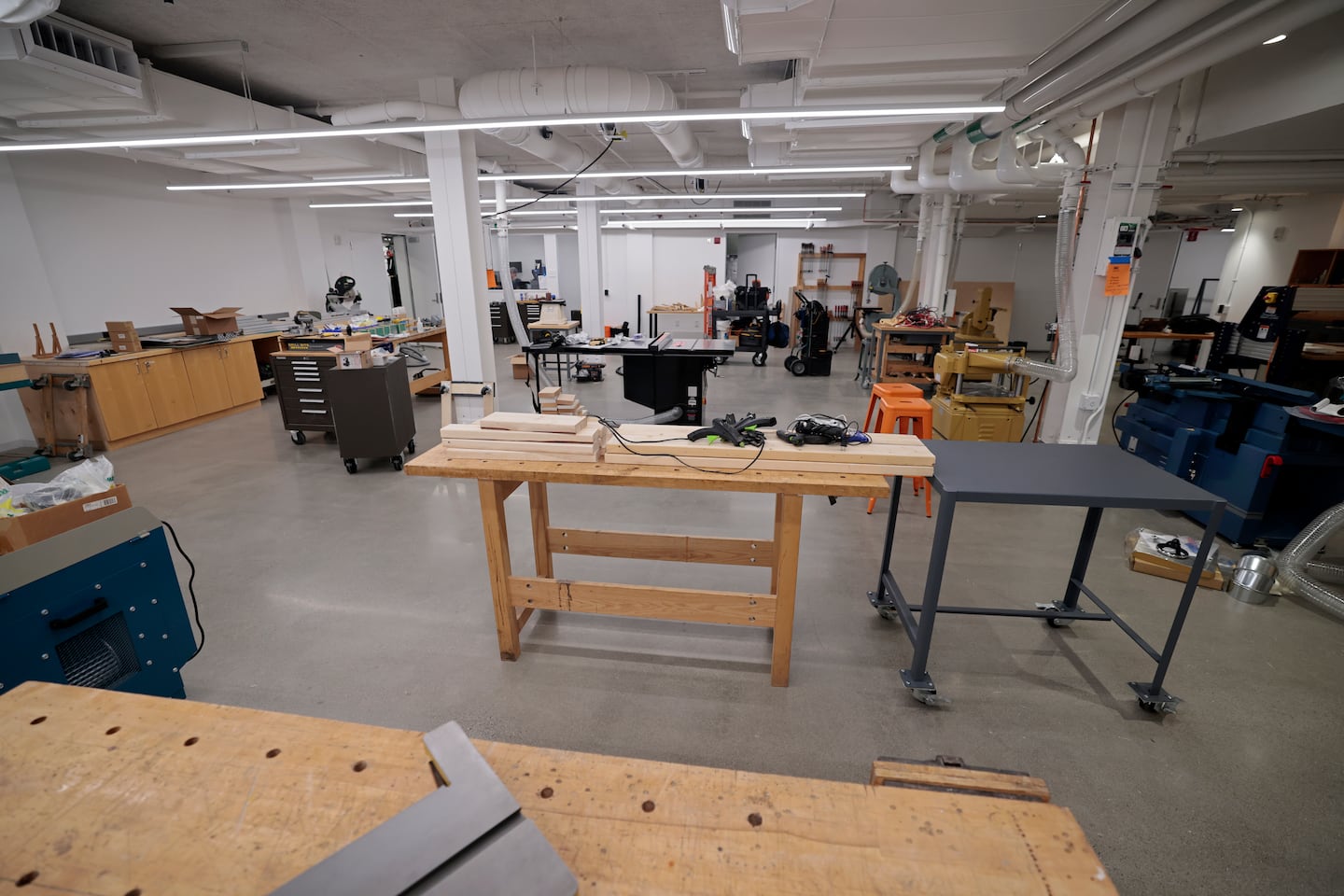 Wood shop inside the MIT School of Architecture and Planning's new home, inside the Metropolitan Storage Warehouse.