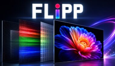 The image shows several layers of a display panel with vibrant colors, alongside the word 'FLiPP' at the top.