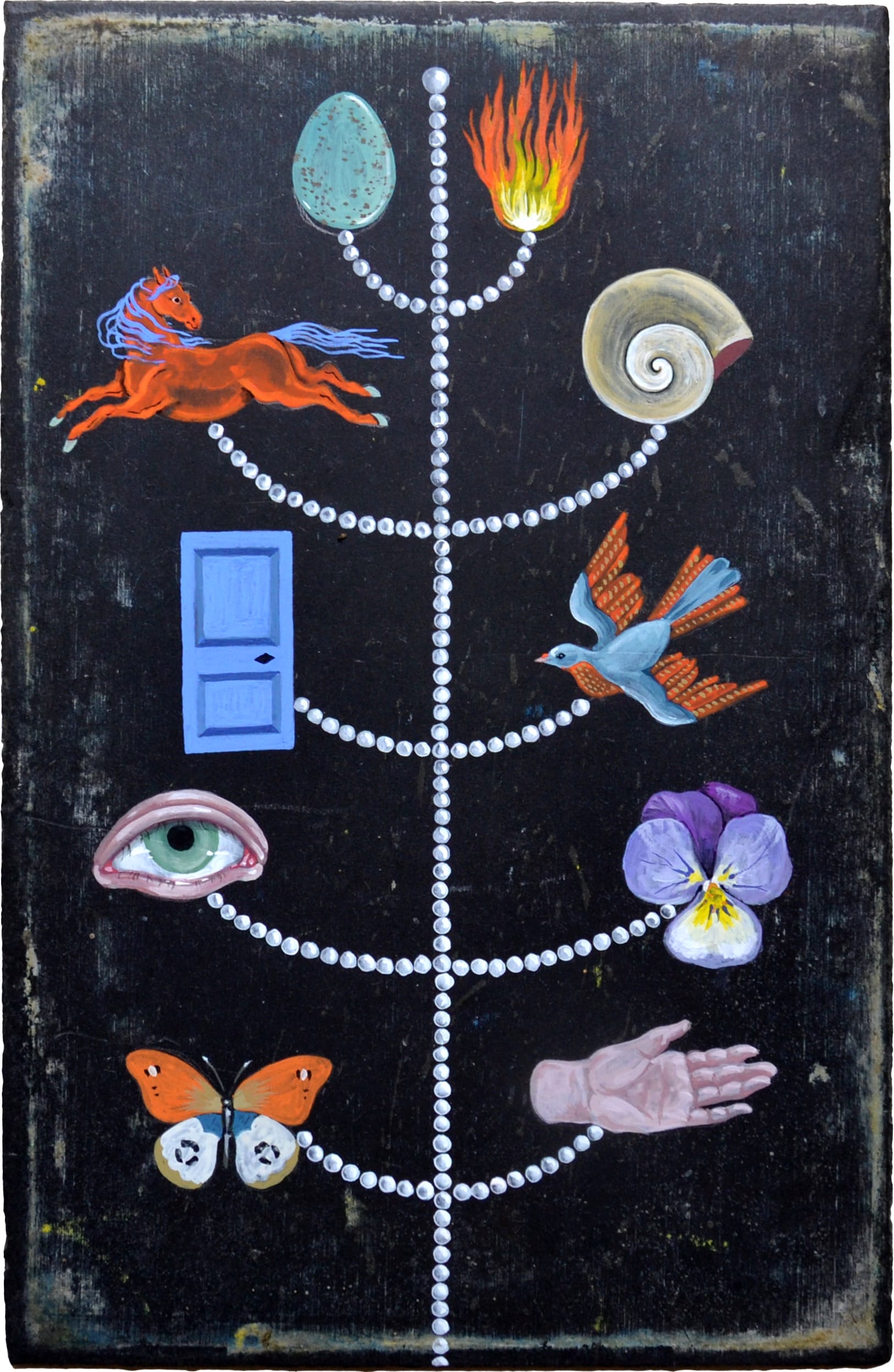 a mystical work by lou benesch featuring featuring a tree-like structure of pearls with flowers, eyes, doors, and more on each branch