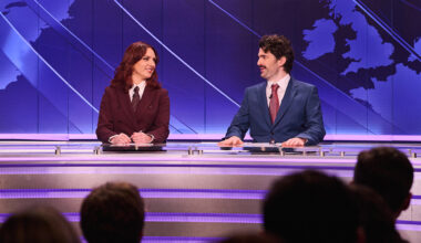 Ania Magliano and Paddy Young during Weekend Update on Saturday Night Live UK