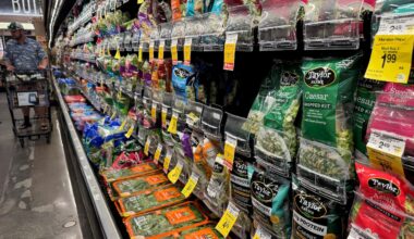 Packages of Taylor Farms salad greens were displayed at a Safeway store in California in July.