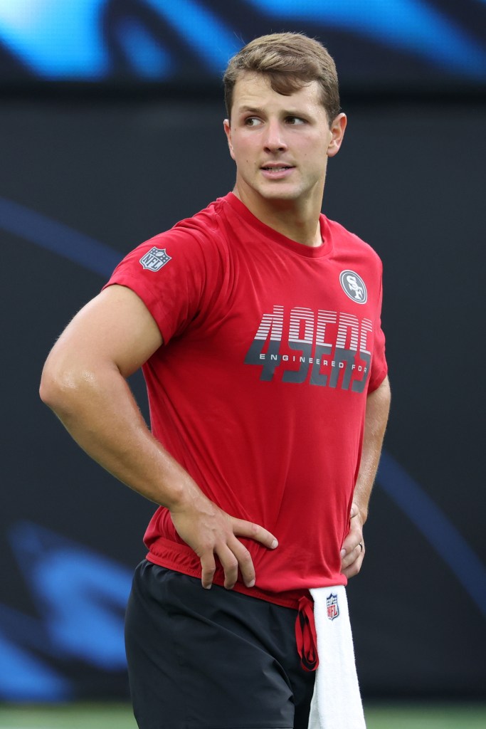 San Francisco 49ers quarterback Brock Purdy warms up prior to a pre-season game against the Los Angeles Chargers at SoFi Stadium in Inglewood, California, on Aug. 20, 2026.