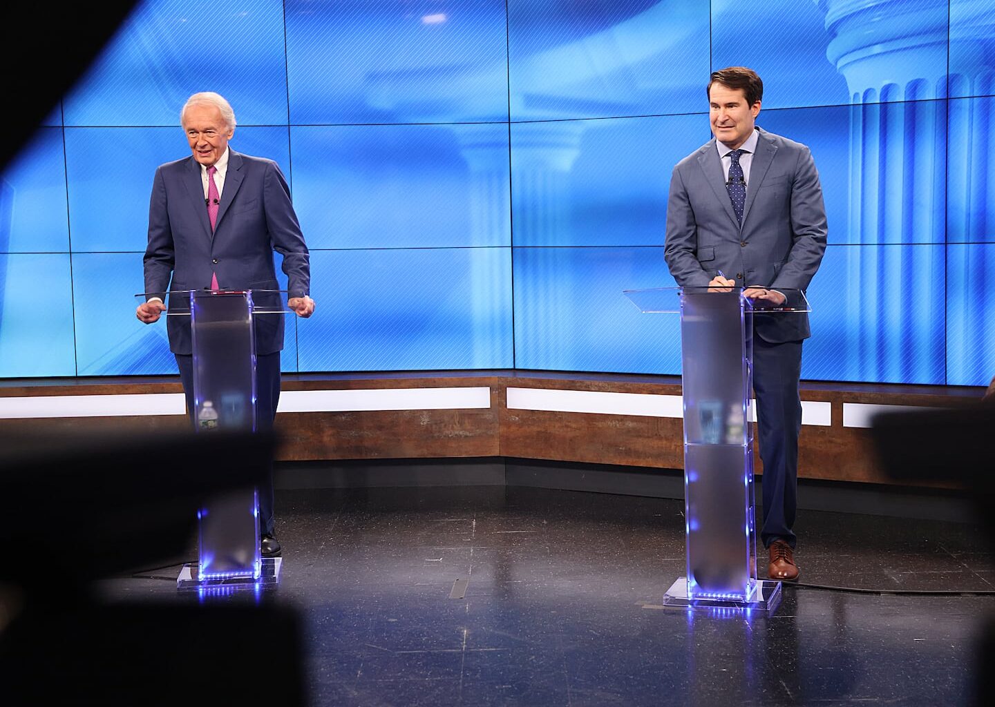 US Senator Ed Markey, left, and Representative Seth Moulton regularly talk about overhauling health care. They just don't agree on how.