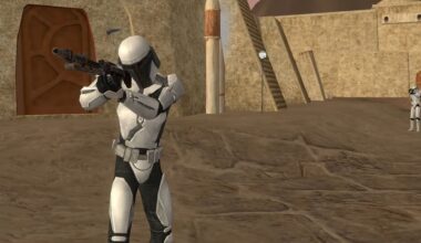 A Star Wars Galaxies character holds a gun.