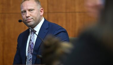 Timothy Chiappini, a cell forensics expert with the Massachusetts State Police is questioned by Assistant District Attorney Jennifer Sprague, right, as he testifies during the murder trial of Lindsay Clancy, Thursday, Aug. 13, 2026., in Plymouth, Mass.