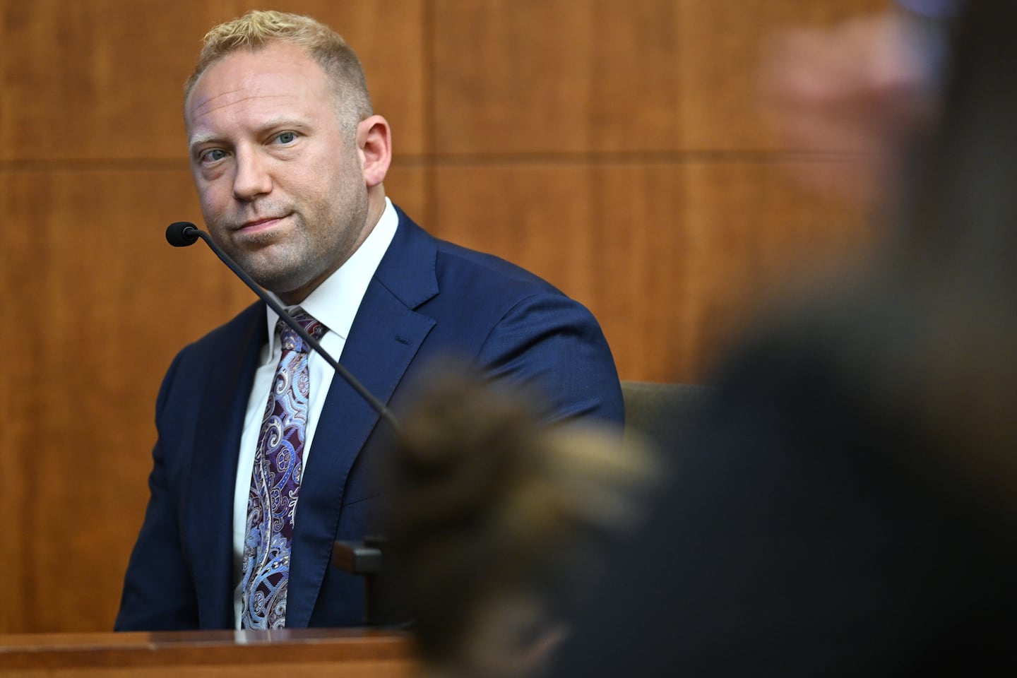Timothy Chiappini, a cell forensics expert with the Massachusetts State Police is questioned by Assistant District Attorney Jennifer Sprague, right, as he testifies during the murder trial of Lindsay Clancy, Thursday, Aug. 13, 2026., in Plymouth, Mass.
