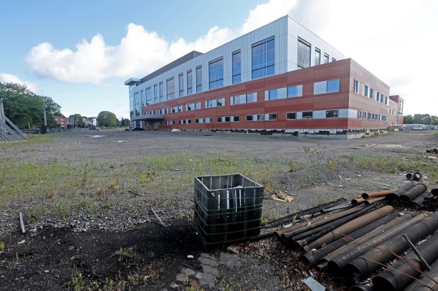 The abandoned worksite at Norwood Hospital. (staff photo by Stuart Cahill/Boston Herald)