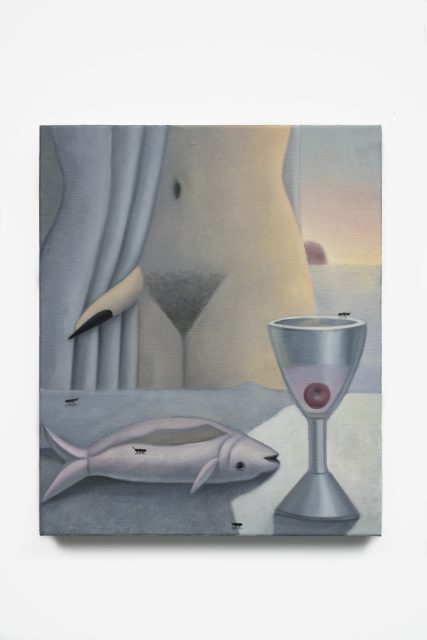 A painting shows a torso, a fish with flies on it, and a glass with a cherry and an olive. The background includes draped fabric and pastel-colored light.