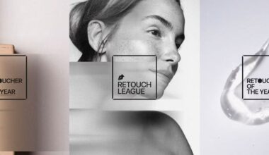 A triptych featuring a beige block on the left, a woman's face in the center, and a gel smear on the right, with "Retoucher of the Year" and "Retouch League" text overlays.