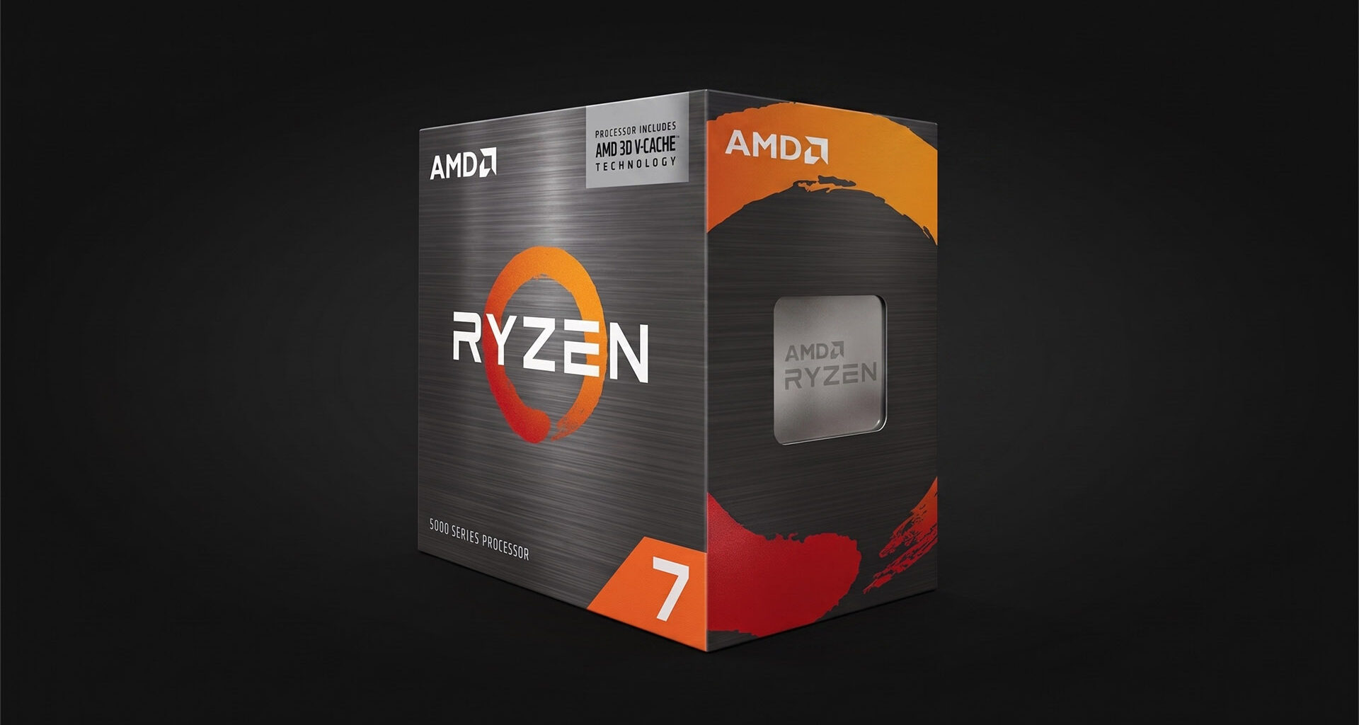 AMD Ryzen 7 5800X3D processor box on a dark grey background featuring 3D V-Cache Technology and Socket AM4 branding