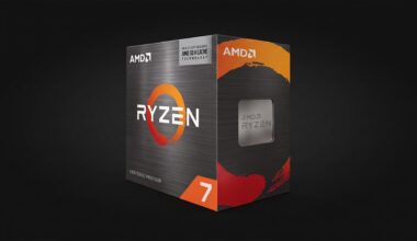AMD Ryzen 7 5800X3D processor box on a dark grey background featuring 3D V-Cache Technology and Socket AM4 branding