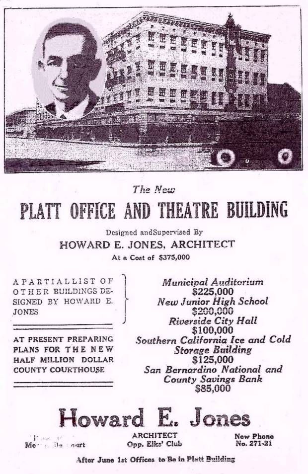 San Bernardino Architect Howard E. Jones designed the Platt Building which opened in 1925 as advertised here. (Courtesy San Bernardino Historical and Pioneer Society)