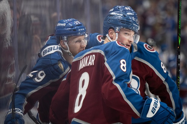 Defenseman Cale Makar (8) of the Colorado Avalanche celebrates his goal on goaltender Jesper Wallstedt (30) of the Minnesota Wild during the third period of Game 1 of the second round of the Stanley Cup Playoffs on Sunday, May 3, 2026, at Ball Arena in Denver. (Photo by Timothy Hurst/The Denver Post)
