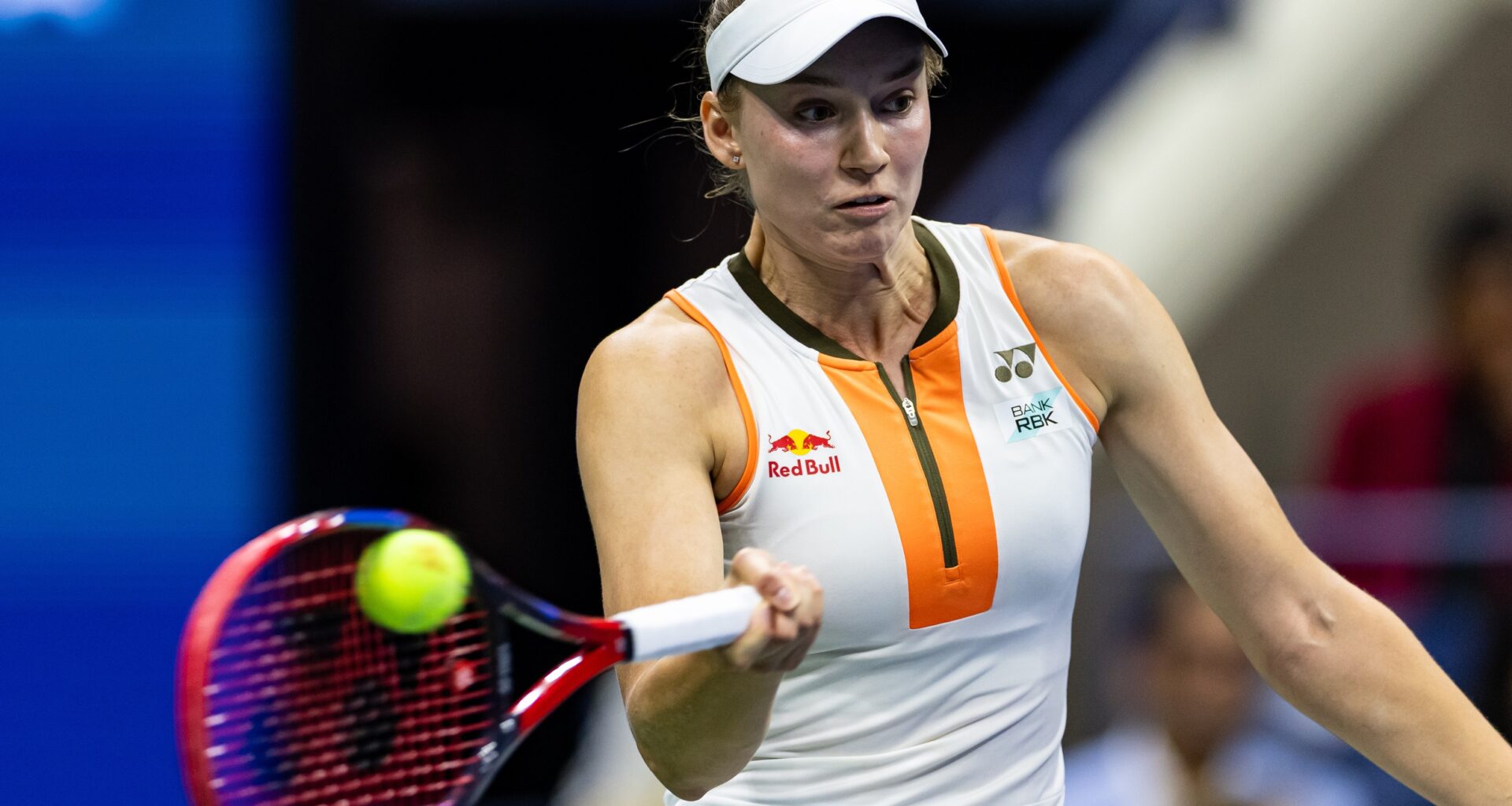 Elena Rybakina hits a forehand against Marketa Vondrousova at the 2025 US Open.