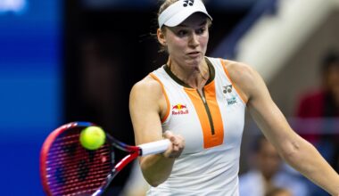 Elena Rybakina hits a forehand against Marketa Vondrousova at the 2025 US Open.