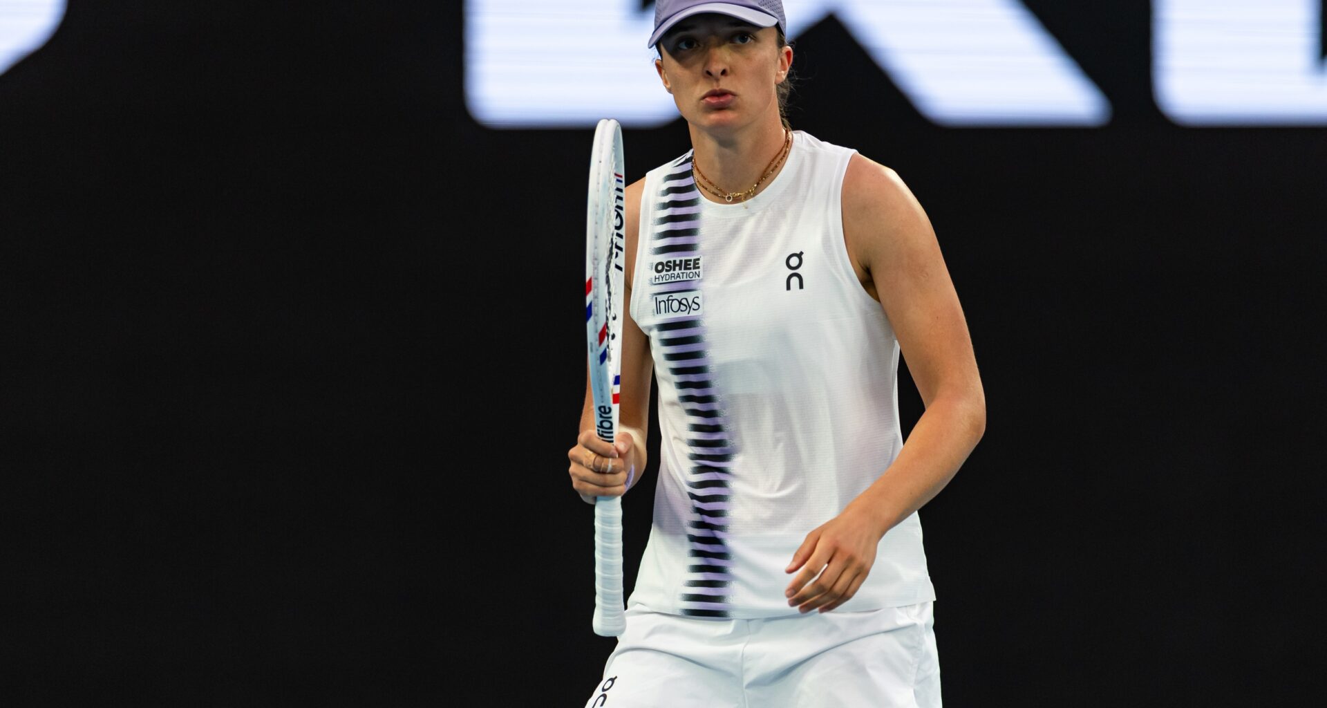 Iga Swiatek reacts to a point won at the 2026 Australian Open.
