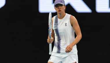 Iga Swiatek reacts to a point won at the 2026 Australian Open.