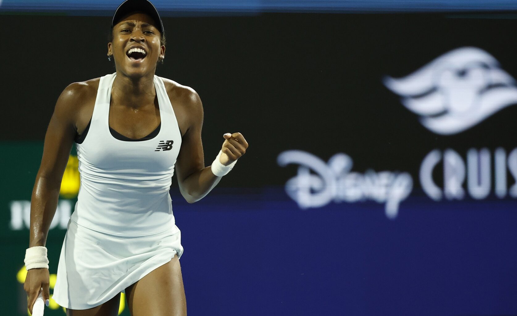 Coco Gauff celebrates a win over Alycia Parks at the 2026 Miami Open.