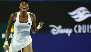 Coco Gauff celebrates a win over Alycia Parks at the 2026 Miami Open.