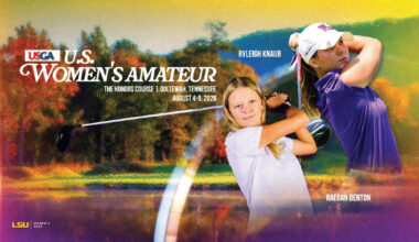 Banner for the USGA U.S. Women's Amateur featuring two young golfers mid-swing on a colorful backdrop with event details and dates.