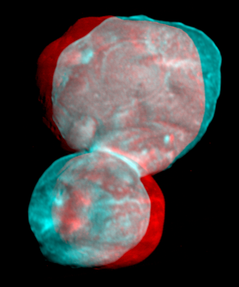 Arrokoth, photographed by New Horizons in 2019 - two bodies that drifted together gently enough to stick rather than shatter. Nysa may be the same trick performed with three. This is a red-blue anaglyph image, view it with 3D glasses and the two lobes separate into real depth (Credit : NASA/Johns Hopkins University Applied Physics Laboratory/Southwest Research Institute/National Optical Astronomy Observatory)