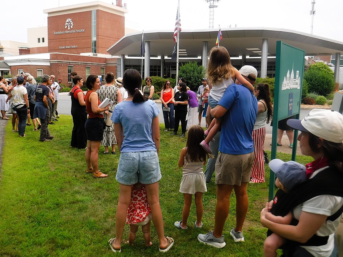 A group of people, including adults and children, gather outside a hospital building on a grassy area near a sign and several flagpoles.