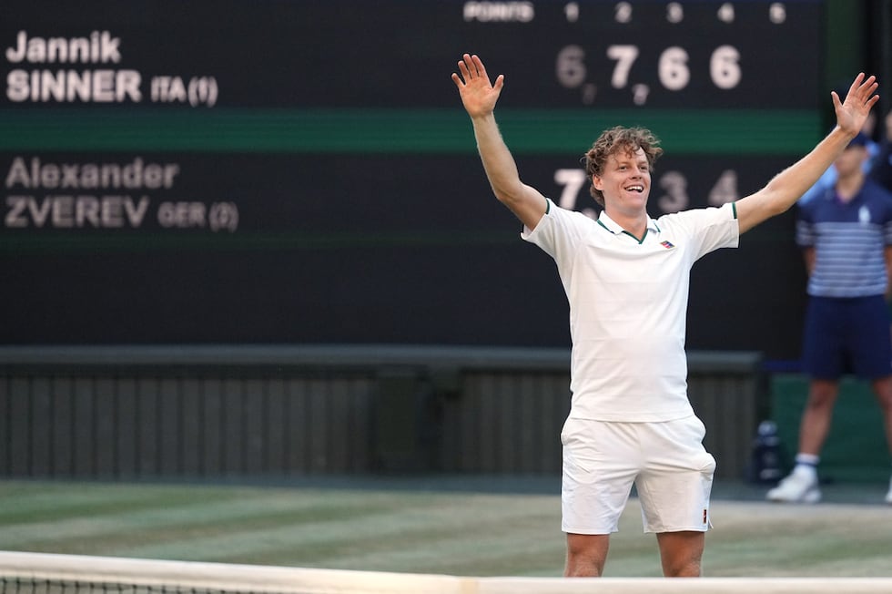 Jannik Sinner of Italy reacts to winning against Alexander Zverev of Germany in the men's...