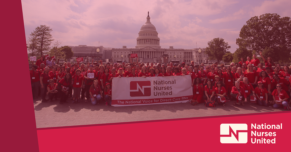 Nurses in front of capitol holding NNU banner.