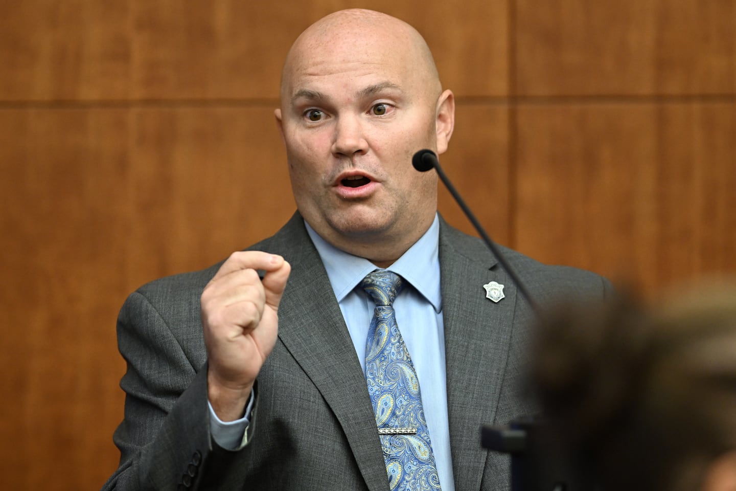 Massachusetts State Police Trooper Kyle Pavao testifies about internet search history in the murder trial of Lindsay Clancy, Thursday, Aug. 13, 2026., in Plymouth, Mass.  