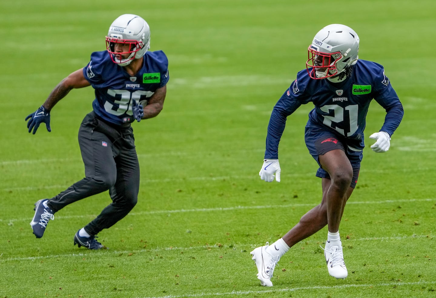 Karon Prunty (right) has been getting plenty of reps at Patriots training camp.