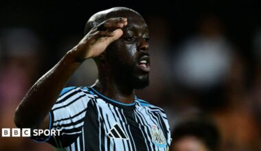 Yoane Wissa celebrates after scoring for Newcastle United against Valencia in a friendly at the Mestalla Stadium