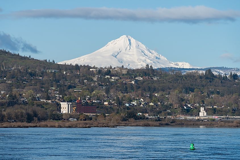 Mount Hood rising above the town of Hood River, Oregon.