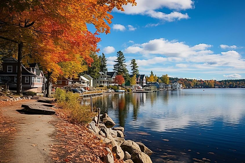 Fall view of Meredith Bay on Lake Winnipesaukee in Meredith, New Hampshire.