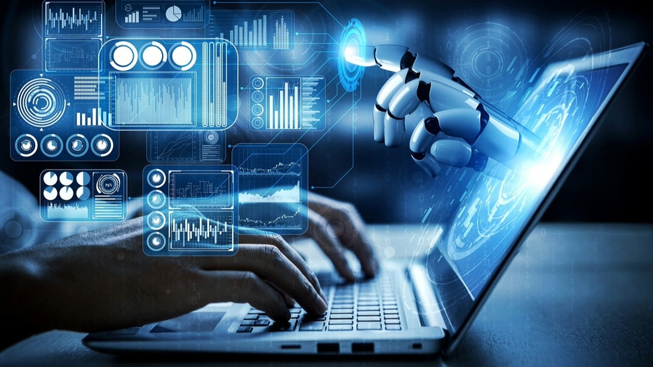 A robot hand through a screen representing AI.