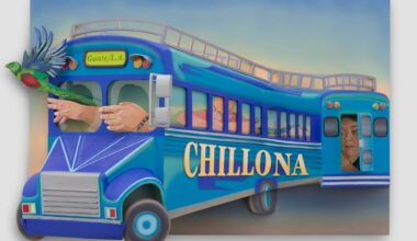 a sculptural painting by Estefania Ajcip of a bus with hands in the front windows and a quetzal leading the way