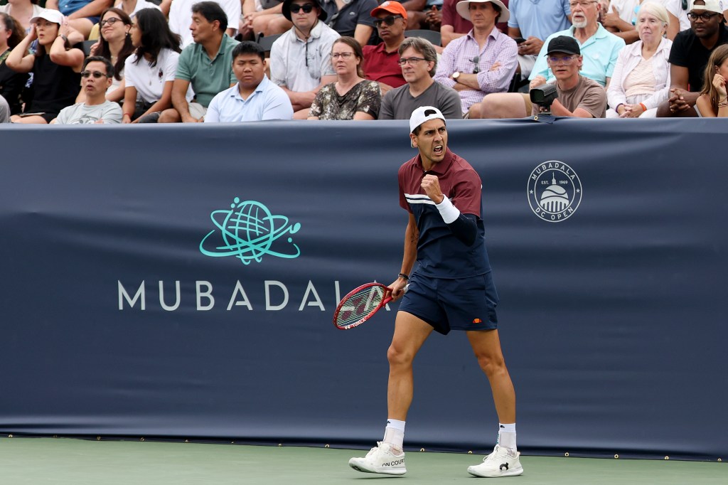 Alejandro Tabilo celebrates a point during his singles match at the Mubadala Citi DC Open.