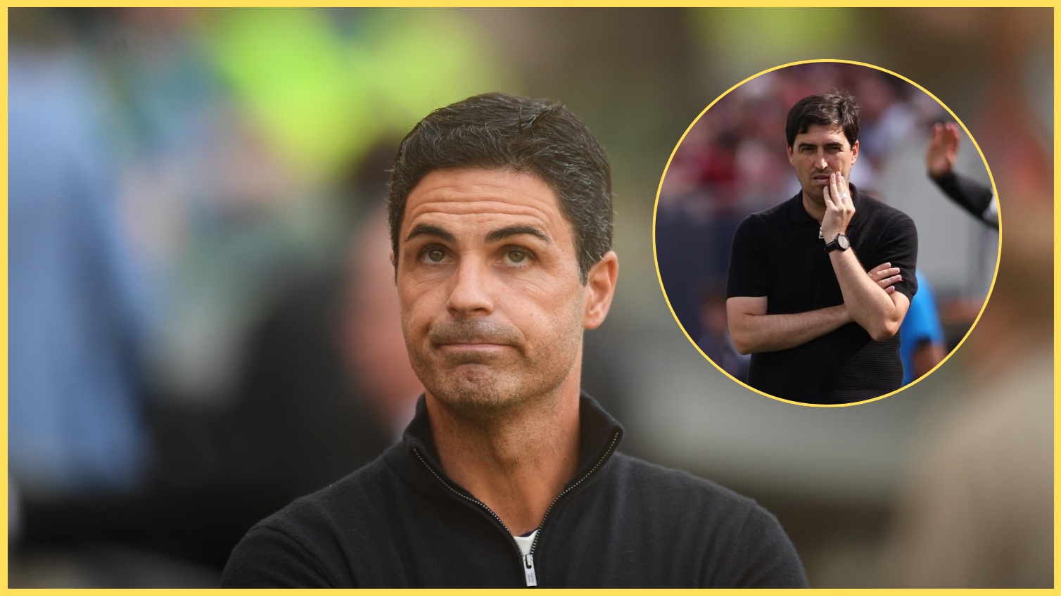An image of Mikel Arteta, with Andoni Iraola inset