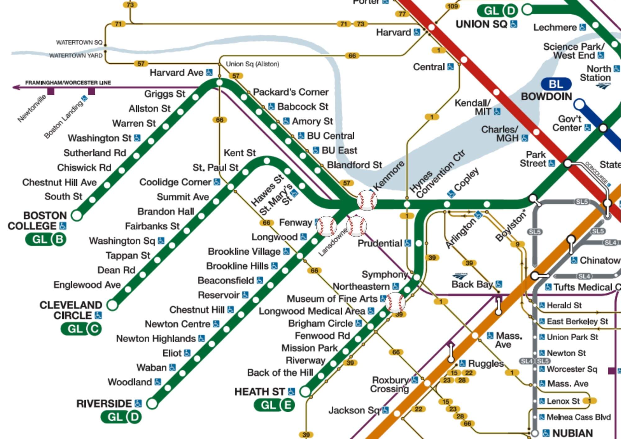 Four stops on the MBTA where you can access Fenway Park, marked with baseballs. (MBTA)