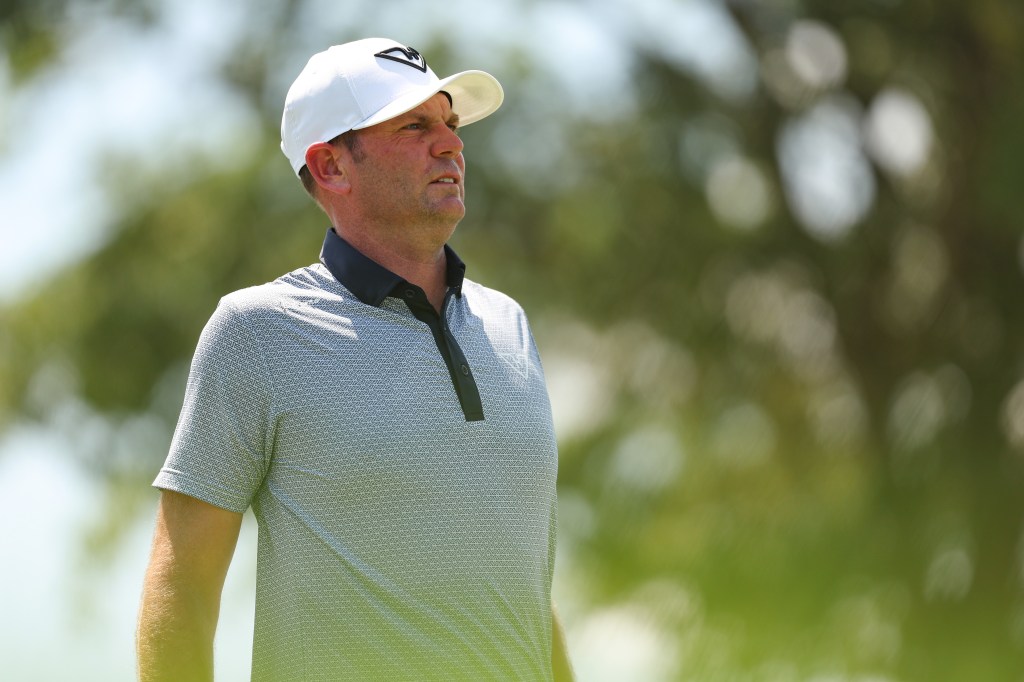 Brendan Steele from the US looks on from the 12th tee box.