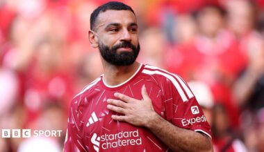 Mohamed Salah of Liverpool appears emotional as he acknowledges the fans following his final appearance for the club during the Premier League match between Liverpool and Brentford