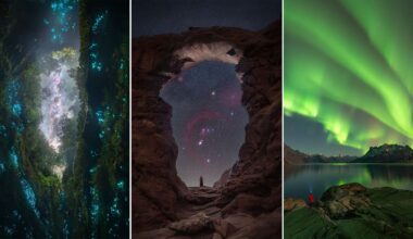 A triptych showing a glowing cave with a starry sky, a person standing under a natural rock arch at night, and an aurora.