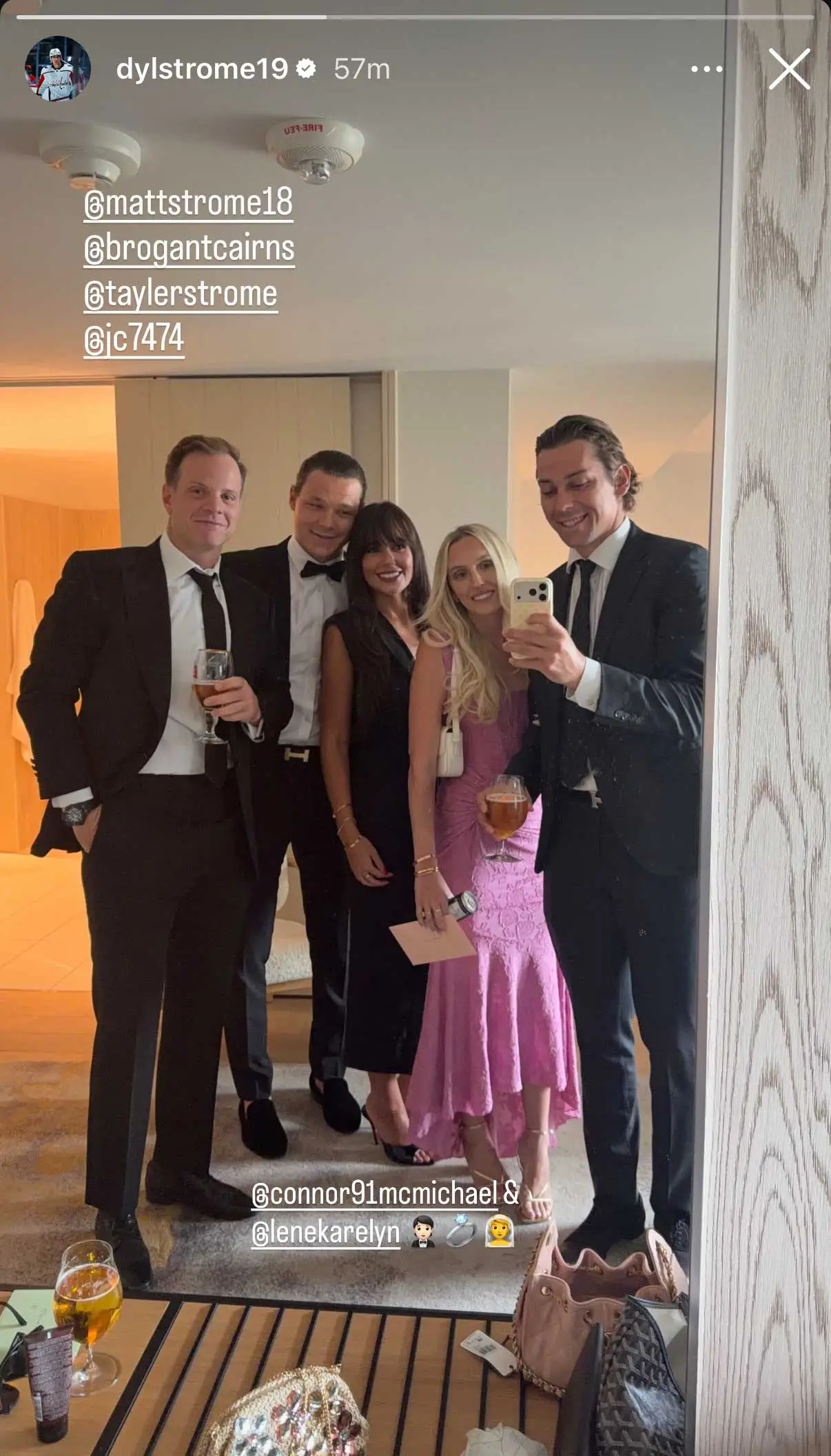 John Carlson, Matt Strome, and Dylan Strome in suits for Connor McMichael's wedding