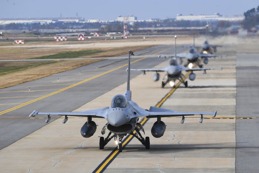 South Korean Air Force KF-16 fighter jets during an aerial drill at Gunsan Air Base on October 31, 2022 in Gunsan, South Korea.